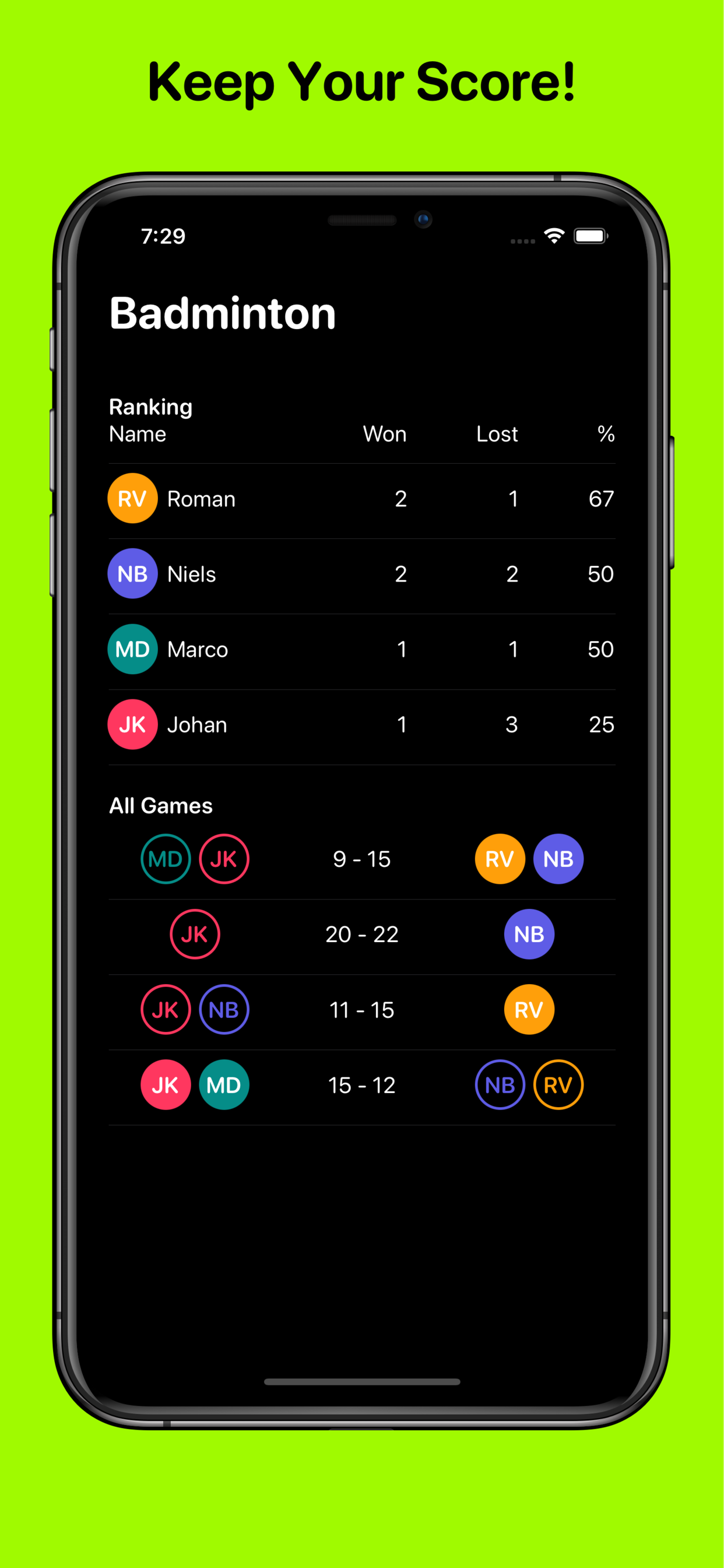 Badminton app's main screen